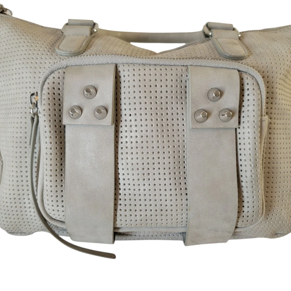 She + Lo Hobo Bag Gray Cutout Pattern Studded Faux Leather Missing Strap EUC